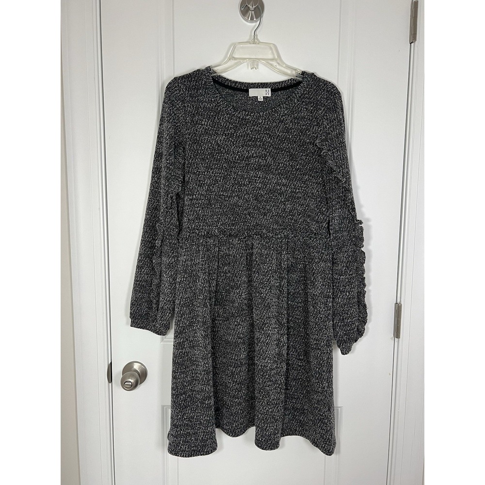 Anthropologie RO&DE Stella Ruffle Long Sleeve Gray Textured Dress Medium